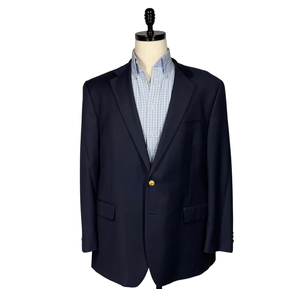 Lauren Ralph Lauren Mens 44R Navy Blue 100% Wool 2 Button Gold Crest Blazer Luxe